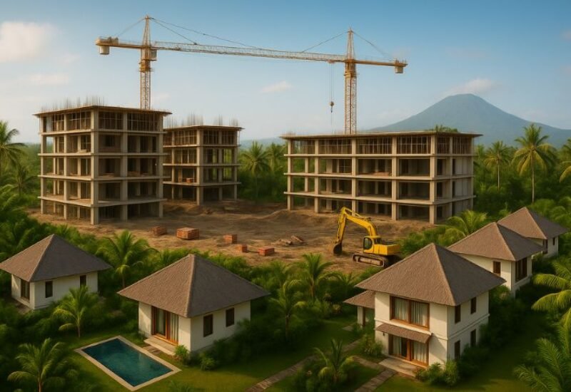 Illustration of low-rise hotel and villa development in Bali’s lush tropical landscape.