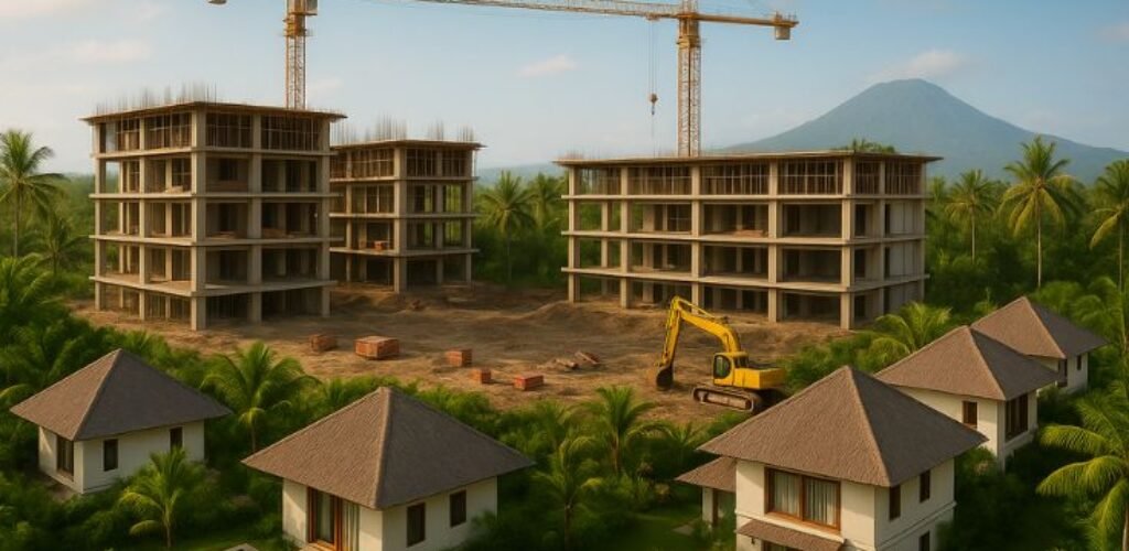 Illustration of low-rise hotel and villa development in Bali’s lush tropical landscape. Illustration of low-rise hotel and villa development in Bali’s lush tropical landscape.