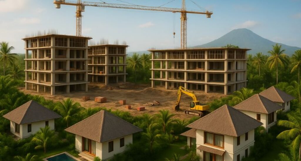 Illustration of low-rise hotel and villa development in Bali’s lush tropical landscape.
