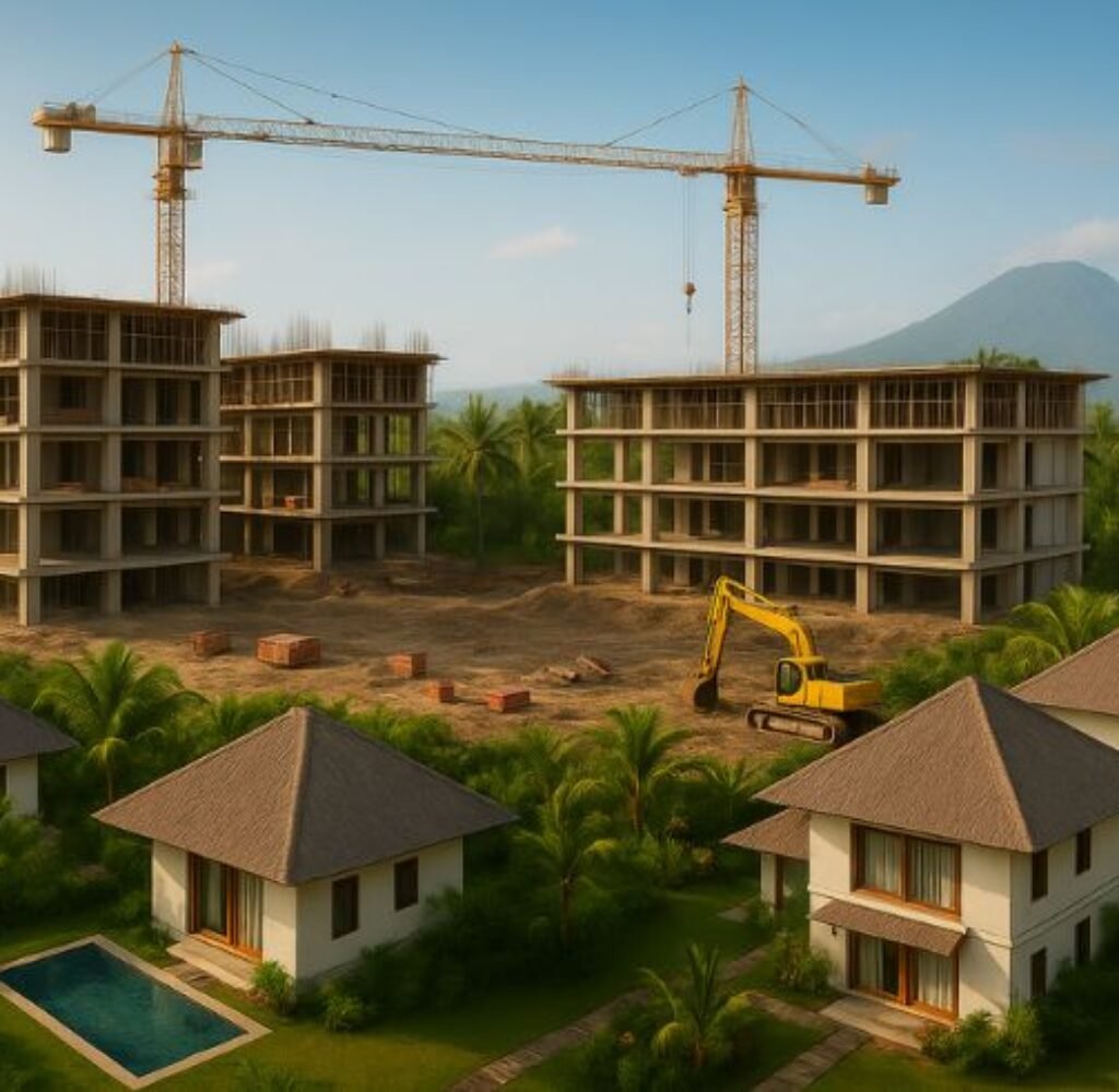 Illustration of low-rise hotel and villa development in Bali’s lush tropical landscape. Illustration of low-rise hotel and villa development in Bali’s lush tropical landscape.